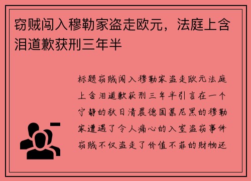 窃贼闯入穆勒家盗走欧元，法庭上含泪道歉获刑三年半