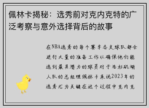 佩林卡揭秘：选秀前对克内克特的广泛考察与意外选择背后的故事