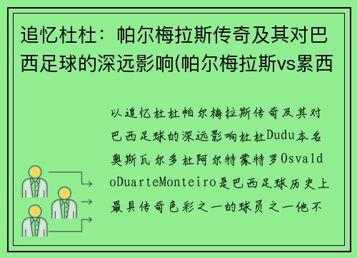 追忆杜杜：帕尔梅拉斯传奇及其对巴西足球的深远影响(帕尔梅拉斯vs累西腓体育)